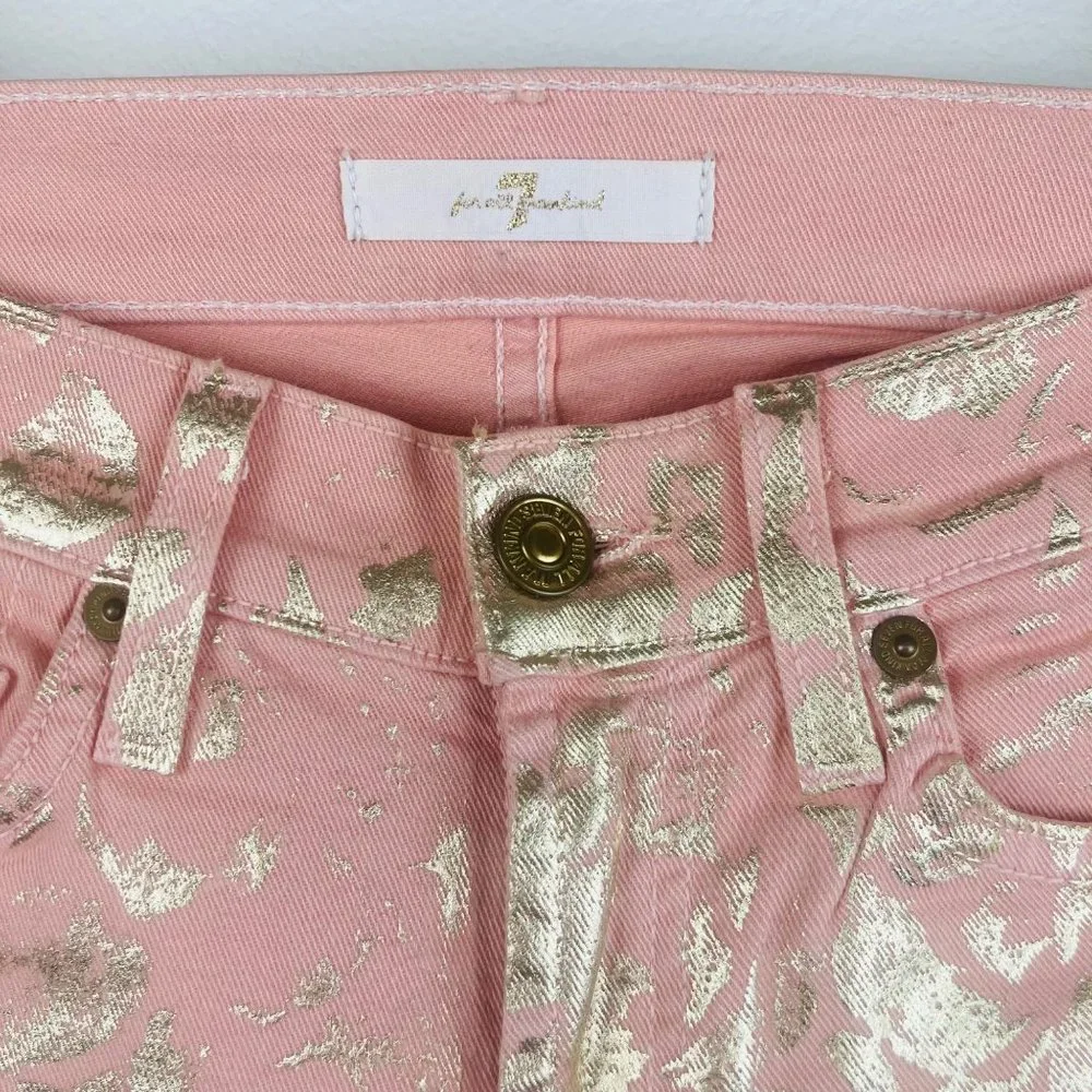 Jeans 7For All Mankind Pink Gold Leopard Print Jeans Low Rise 24 Waist SkinnyLeg - Picture 4 of 8